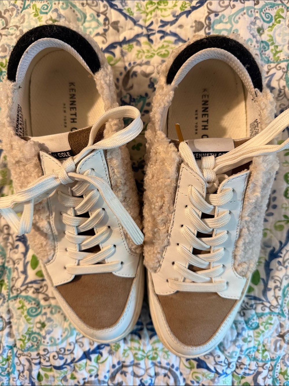 Kenneth Cole Beige, Cream & Black Sherpa Lace-Up Sneakers